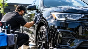 blog 3 Professional exterior car detailing service in Vancouver, showing machine polishing and decontamination on a driveway.